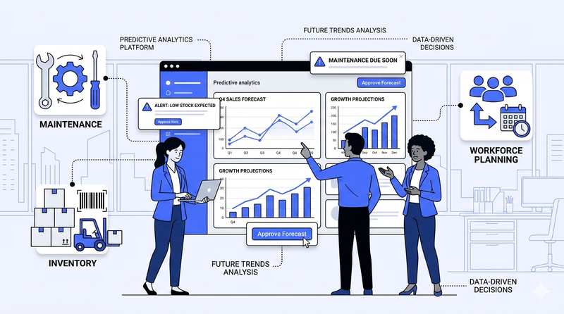 Dashboard illustration showing predictive analytics applied to inventory management and workforce planning, with a manager reviewing charts.