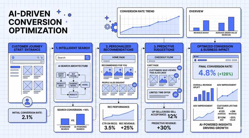 Dashboard titled 'AI-Driven Conversion Optimization' showing a funnel chart and conversion-rate progression (2.1% to 4.8%) with supporting bar charts.