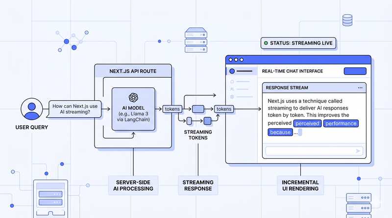 Two-panel comparison illustration of a traditional static request/response flow versus a streaming AI response flow.