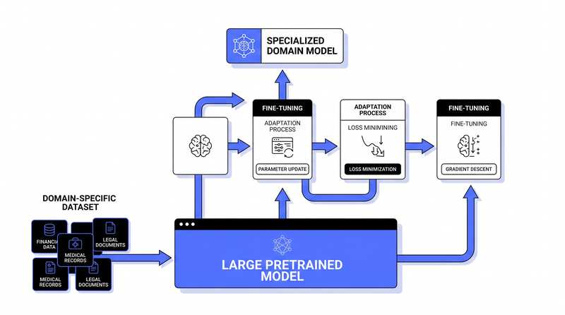 Circular diagram showing an optimized domain model built on top of a large pretrained model, surrounded by supporting data and task icons.