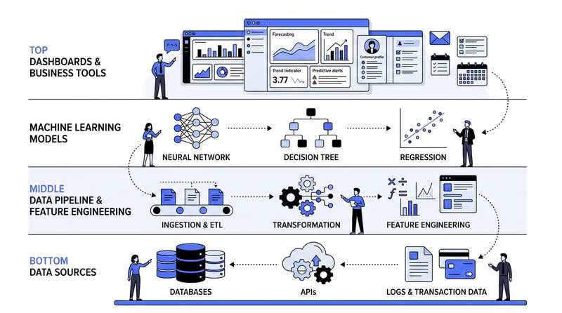 Diagram of a machine learning technology stack: data pipelines, feature engineering, and monitoring systems feeding a diagnostics dashboard.