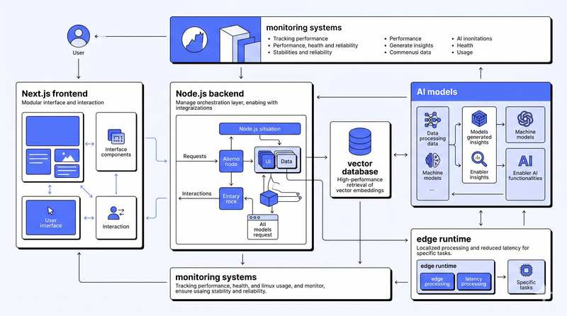 Architecture diagram of a monitoring system showing connected routing and observability nodes for a production application.