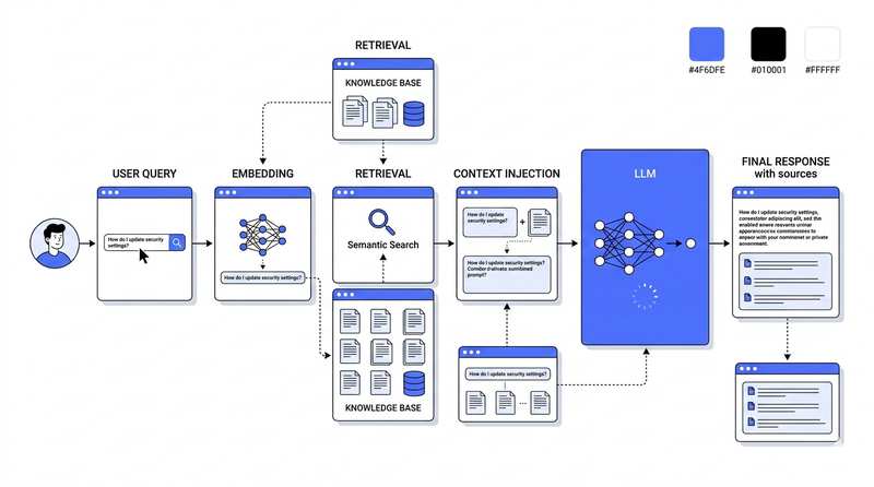 Architecture diagram showing a user chat query branching into knowledge-source retrieval and context assembly before producing a final response.