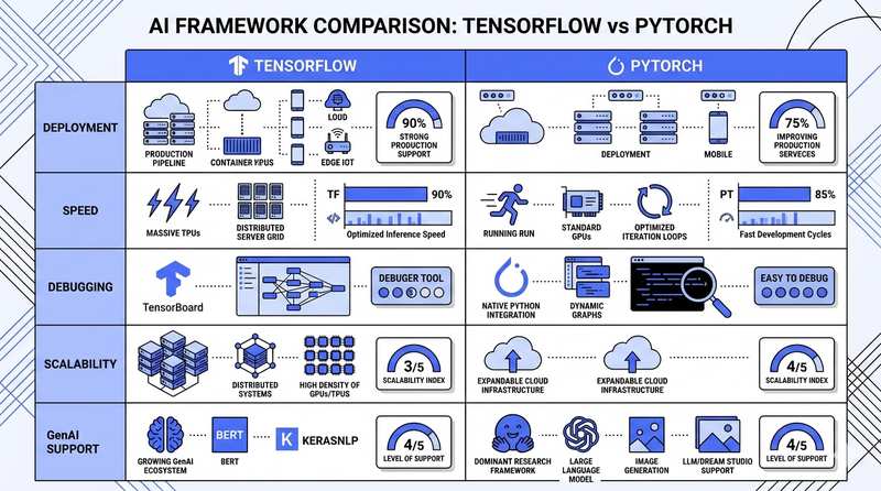 Spec-sheet style comparison chart titled 'AI Framework Comparison: TensorFlow vs PyTorch' listing deployment, scalability, and tooling attributes for each.