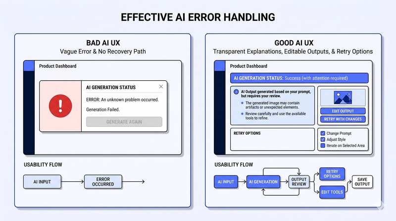 Comparison panel titled 'Effective AI Error Handling' showing a 'Bad AI UX' error state next to a 'Good AI UX' state with a clear explanation and retry option.