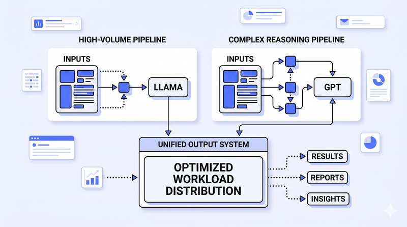 Routing diagram comparing a 'High-Volume Pipeline' and a 'Complex Reasoning Pipeline' feeding into a unified output system with optimized workload distribution.