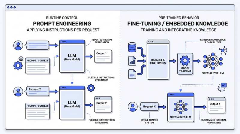 Comparison diagram of 'Prompt Engineering' (applying instructions per request) versus 'Fine-Tuning / Embedded Knowledge' (training and integrating new knowledge).