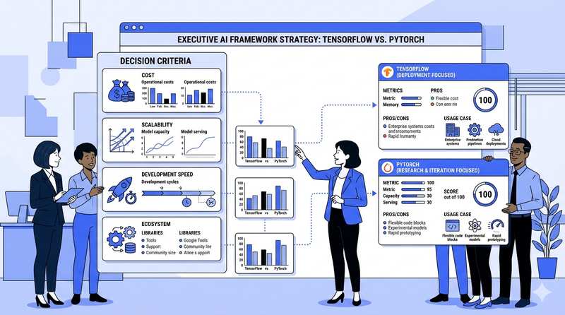 Illustration of a team discussing and deciding on a framework strategy around a whiteboard with charts, captioned as a TensorFlow vs PyTorch strategy meeting.