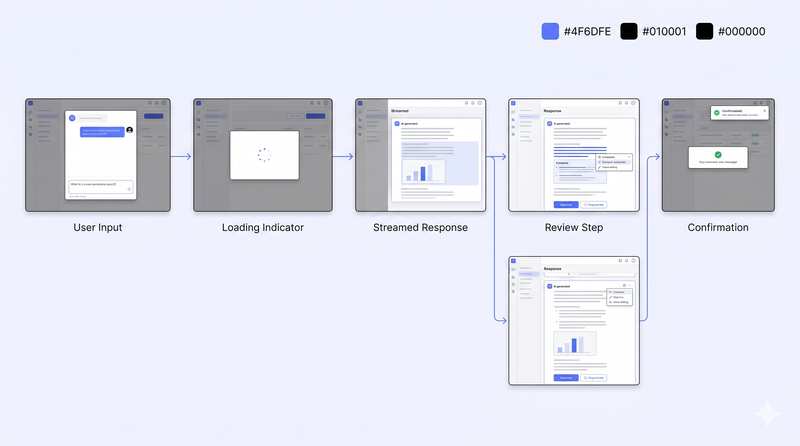 Four wireframe app screens showing a UI flow sequence: list view, loading response, review screen, and confirmation.