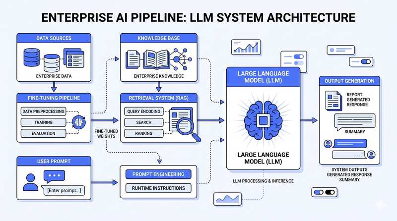 Architecture diagram titled 'Enterprise AI Pipeline: LLM System Architecture' showing data, model, and output layers connected end to end.