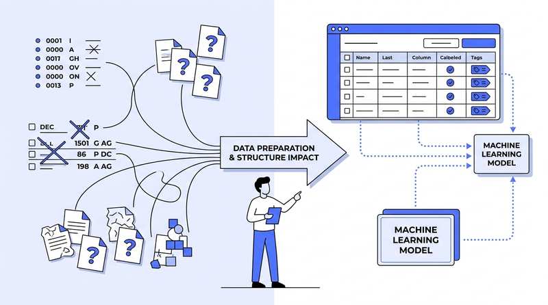 Illustration of scattered, question-marked data sources feeding into a machine learning model box, with a person reviewing the incoming data.