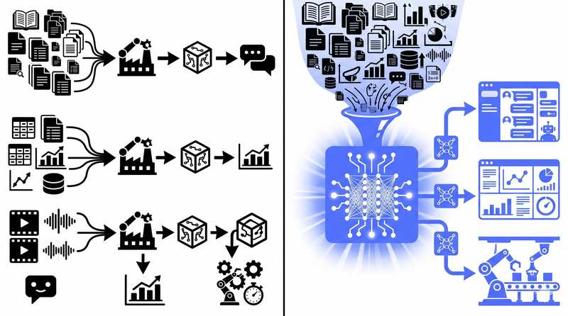 Two-panel icon grid showing documents, charts, and messages funneling into an automated content and analytics pipeline.