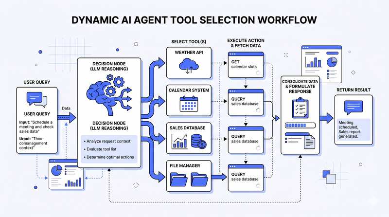 Circular workflow diagram titled 'Dynamic AI Agent Tool Selection Workflow' showing an agent choosing between multiple connected tools and cloud services.