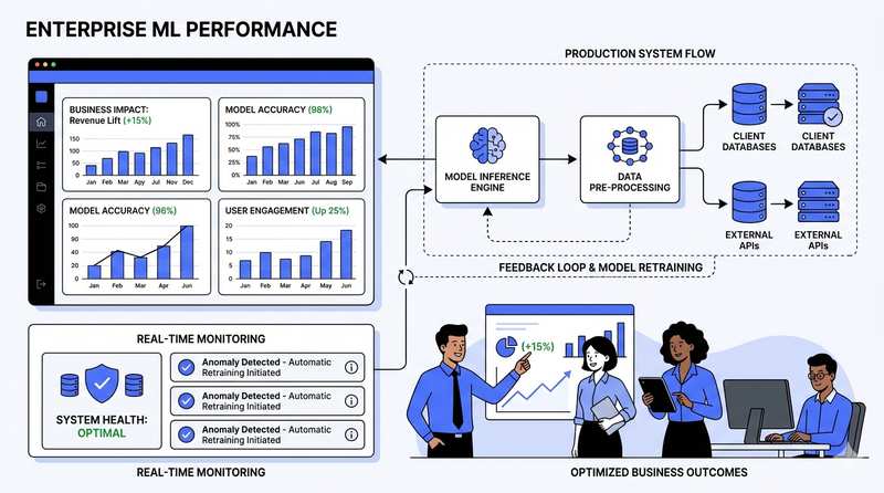 Diagram titled 'Enterprise ML Performance' showing a production system flow with bar charts, a feedback loop, and a team reviewing results.
