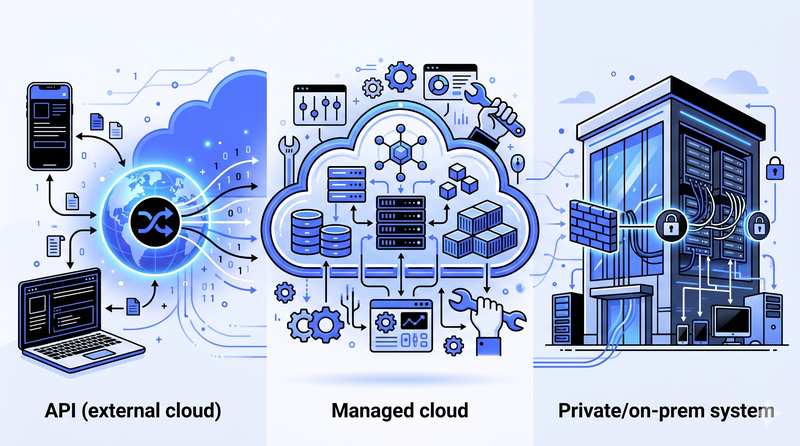 Deployment diagram comparing 'API (external cloud),' 'Managed Cloud,' and 'Private/On-Prem System' options connected to a central hub icon.