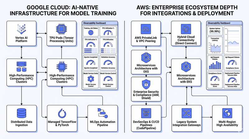 Icon grid diagram titled 'Google Cloud AI-Native Infrastructure for Model Training' showing connected cloud, data, and training components.