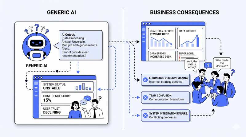 Two-panel illustration titled 'Generic AI' vs 'Business Consequences,' showing a robot icon next to a list of related business impacts.