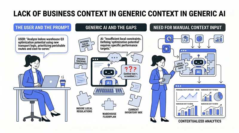 Illustration titled 'Lack of Business Context in Generic AI' showing a frustrated employee at a desk next to a gauge indicating heavy manual context input.