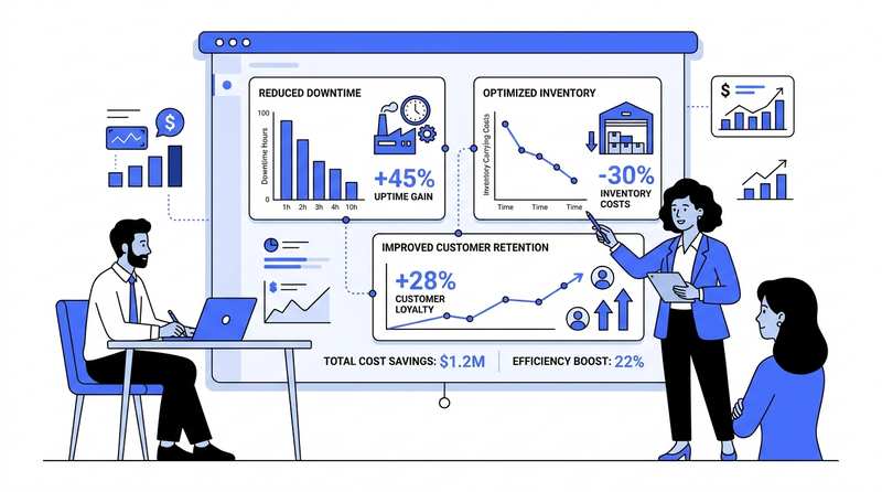 Before/after ROI dashboard showing a +45% gain and -30% cost metric alongside a person reviewing performance charts at a desk.