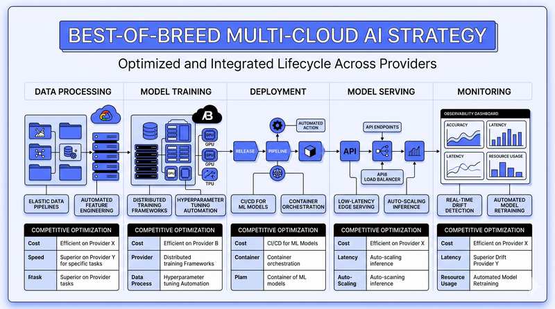Diagram titled 'AWS Enterprise Ecosystem Depth for Integrations & Deployment' paired with a 'Best-of-Breed Multi-Cloud AI Strategy' lifecycle banner.