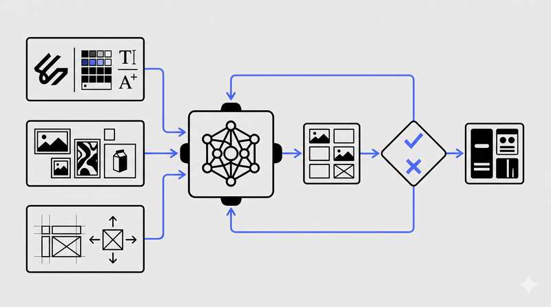 Flowchart showing documents and data tables feeding into a central AI node that branches into decision points and generated outputs.