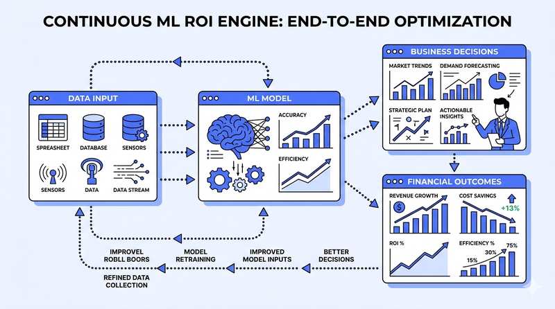 Diagram titled 'Continuous ML ROI Engine: End-to-End Optimization' showing a model icon feeding a bar-chart feedback loop.