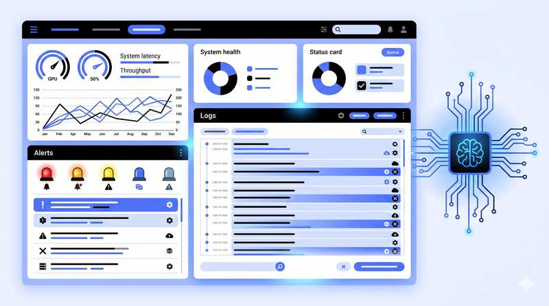 Enterprise dashboard mockup titled 'Ticket Health' showing charts, alerts, and a list view for monitoring AI-assisted operations.
